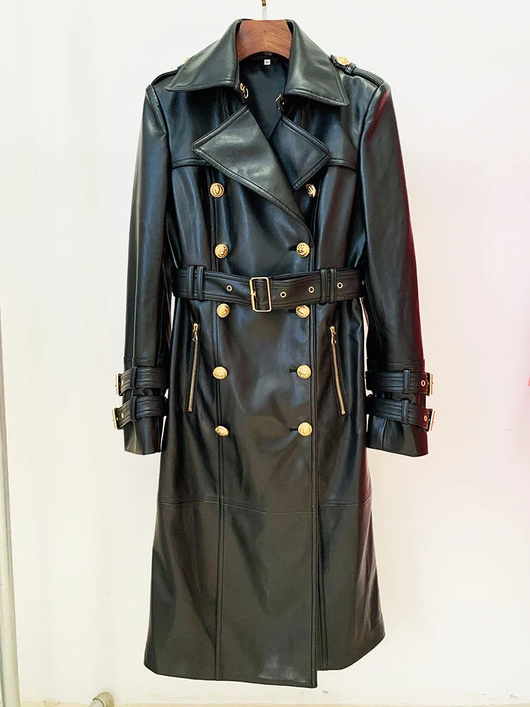 Designer Motorcycle Chic: Double-Breasted Synthetic Leather Lion Button Jacket