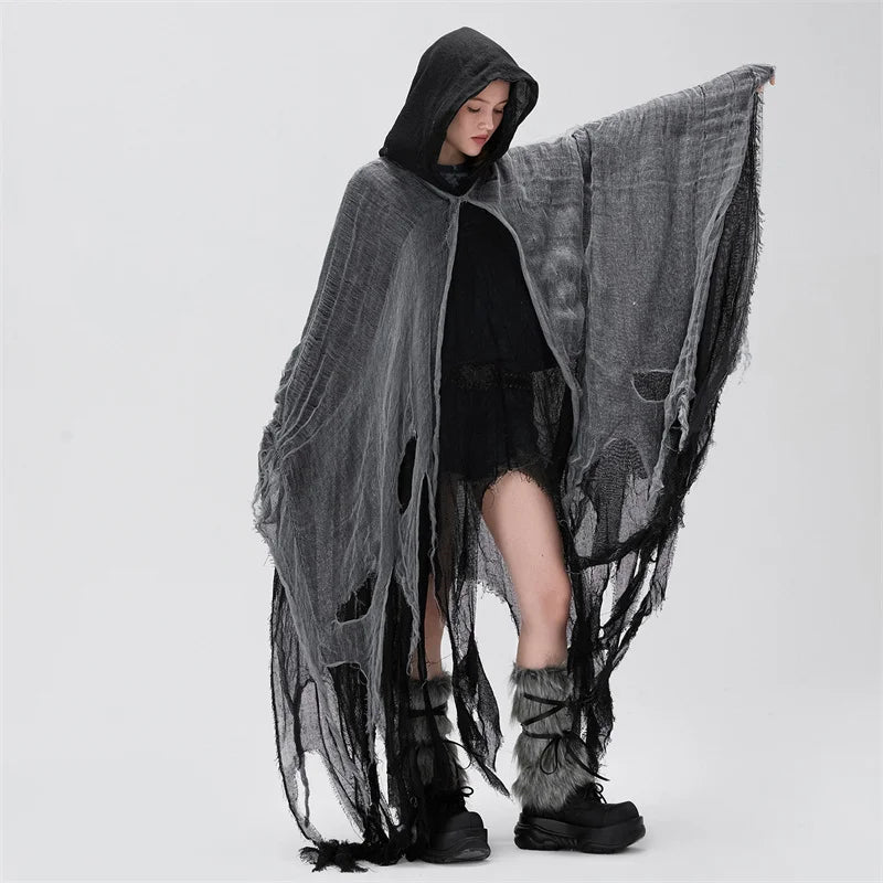 Women's Ripped Hooded Cape Black