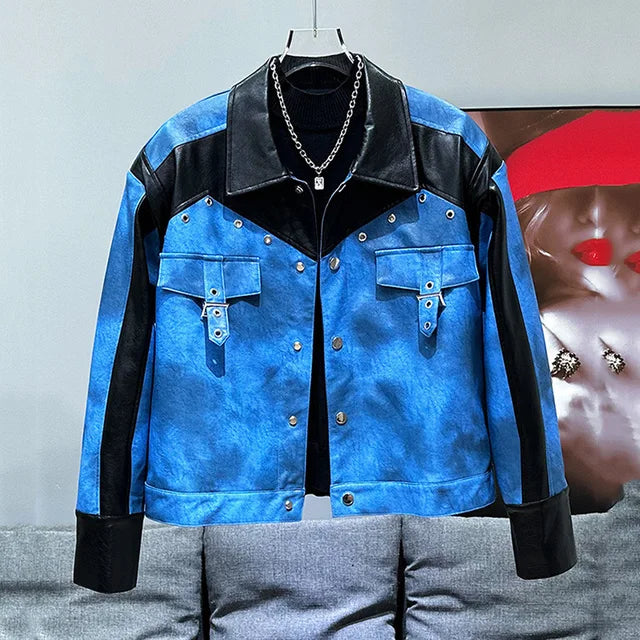 Men's Classic Leather Jacket Blue