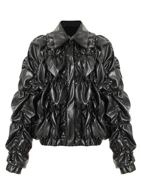 Women's Leather Puffer Jacket Black